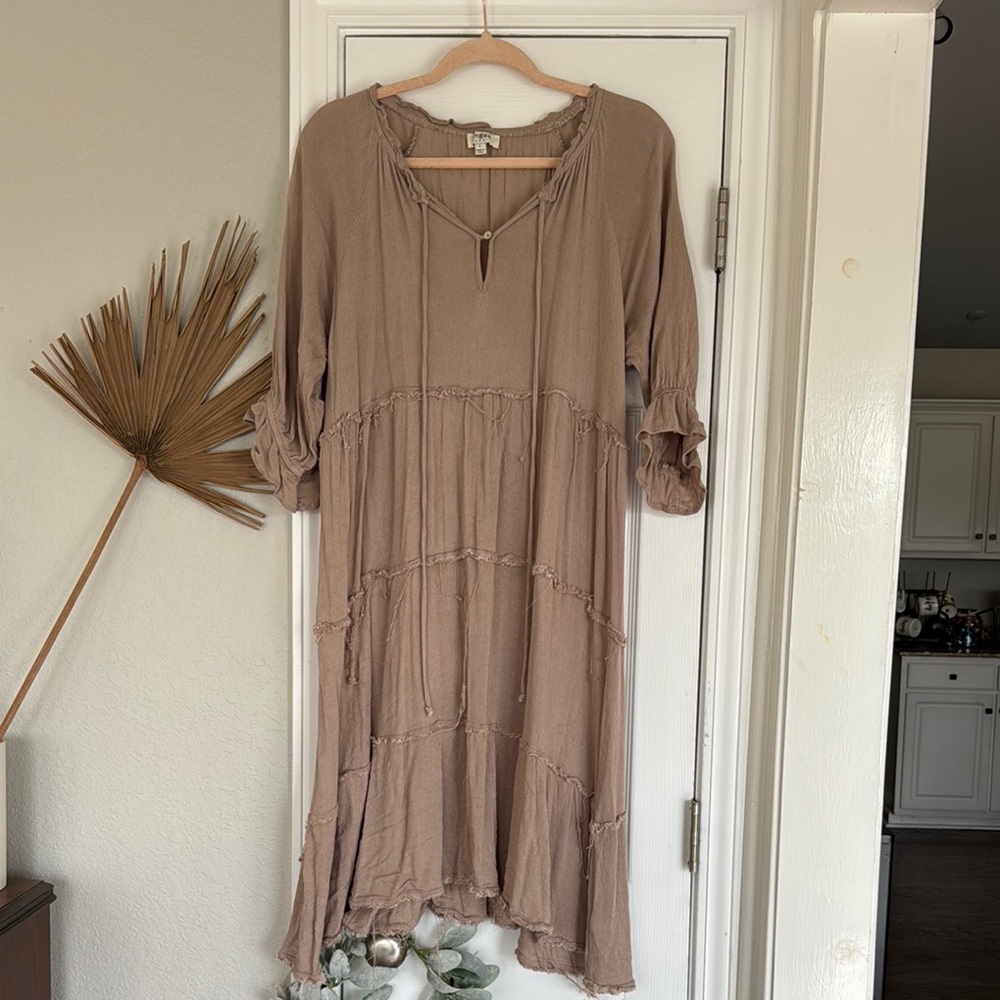 Umgee Brown Tiered Ruffled Sundress with Bishop Sleeves